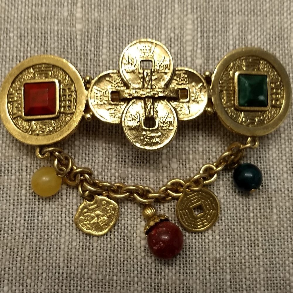 French made hair barrette in Oriental motif of coins